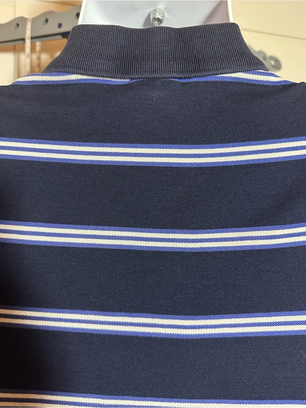 #205 Men's Navy Striped Polo Shirt with Red Logo